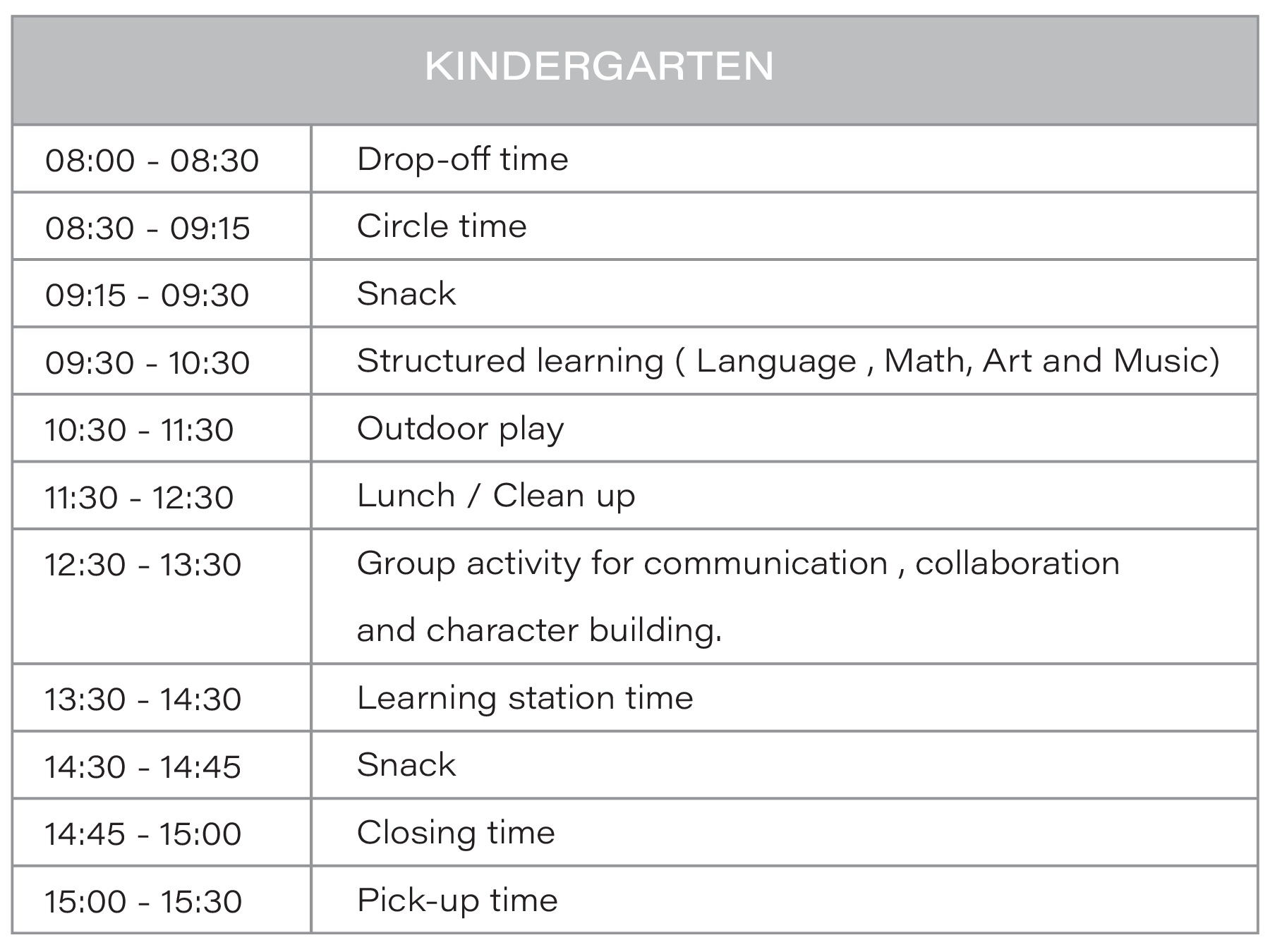 daily schedule kindergarten